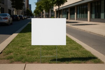 Blank white yard sign on grassy verge of urban street ready for customizable messages or advertisements in bright daylight neutral tones perfect for real estate political campaigns