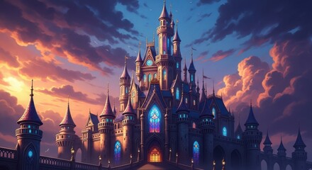 Naklejka premium Enchanting Fantasy Castle Bathed in Golden Hour Light