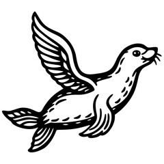 Fototapeta premium Whimsical seal with wings flying gracefully through the air silhouette