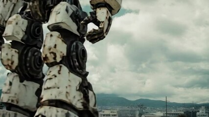 A large, rusted robot standing amidst urban landscape. - Powered by Adobe