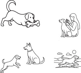 Dogs Day vector illustration with cute dog and bone, dog playing on grass, girl hugging dog, love and pet care theme, animal friendship, adorable dog sketch for pet lovers, celebration design.