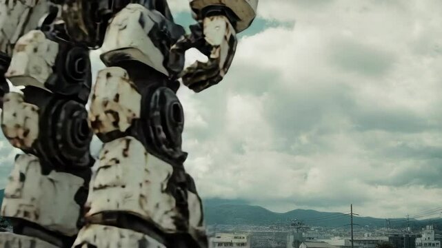 A large, rusted robot standing amidst urban landscape.
