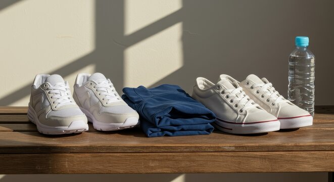 Twin pairs of white sneakers, blue workout shorts, and water bottle on wooden bench, in sunlight, evoking sports, exercise, and active lifestyle