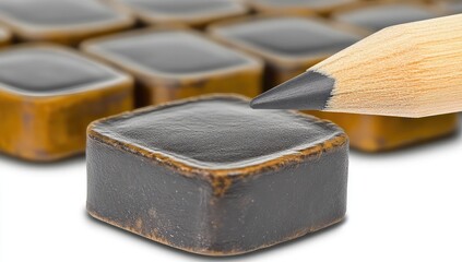 Close-up of a dark-grey square tile with a wooden pencil