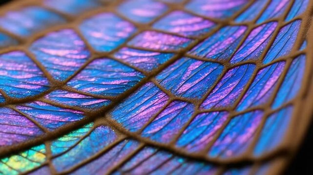 Macro close-up of iridescent dragonfly wing with blue, purple, green colors.