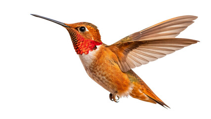 Fototapeta premium Rufous hummingbird flying close up wings spread isolated against black background nature wildlife birding