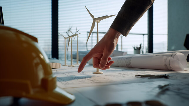 Close-up of a male engineer&rsquo;s hand in a suit working on a wind power plant blueprint against the background of wind turbine models.