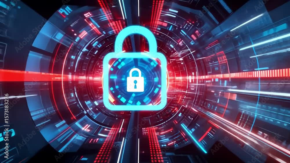 Aufkleber futuristic tunnel with glowing blue padlock for secure technology and network security concept with 