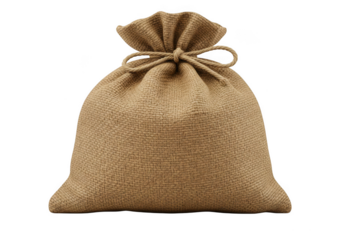 A tightly tied burlap sack with a rope drawstring isolated on transparent background