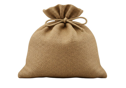A tightly tied burlap sack with a rope drawstring isolated on transparent background
