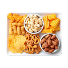 Fototapeta premium Assorted Snacks Including Chips, Nuts, Pretzels, and Savory Bites in Decorative Arrangement on White Plate Transparent background or png