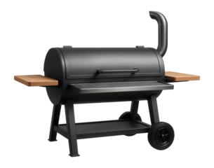 Backyard smoker with a large cooking area and a chimney, designed for summer homes with spacious gardens.