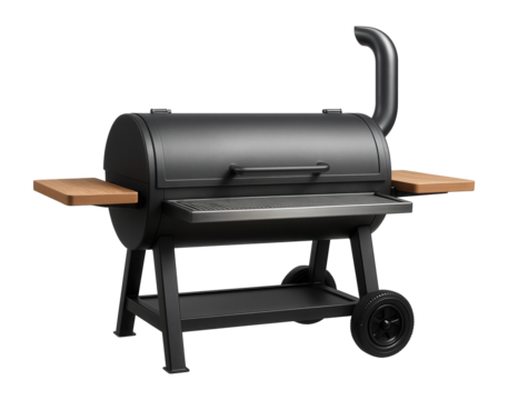 Backyard smoker with a large cooking area and a chimney, designed for summer homes with spacious gardens.