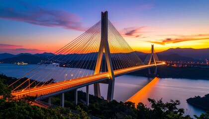 Obraz premium Sunset Symphony: A Cable-Stayed Bridge Illuminated at Dusk