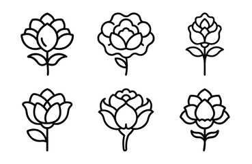 Bundle of Peony Flower Icons in Silhouette Style on White Background – Elegant Botanical Vector Set for Crafts, Stickers, Logos, Tattoos, and Digital Design

