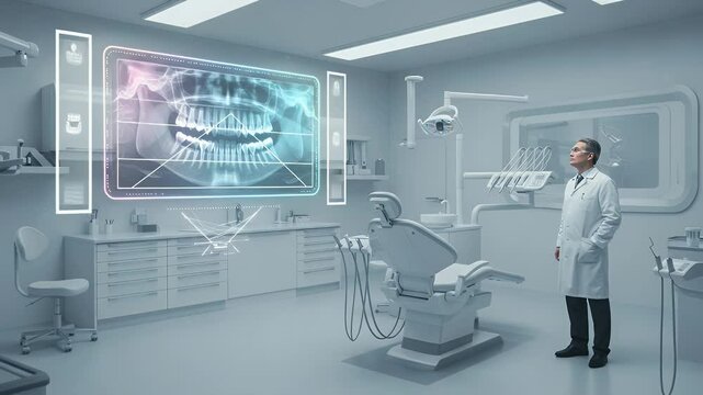 Modern dental office with advanced imaging technology. A dentist stands in a sterile, futuristic dental office.  A digital X-ray image of a patient's mouth is projected onto a wall.