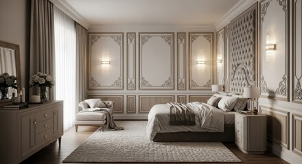 Luxurious bedroom interior design featuring classic wall paneling and elegant soft furnishings in