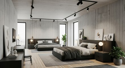 Modern minimalist bedroom interior design with dual beds and natural lighting from large windows