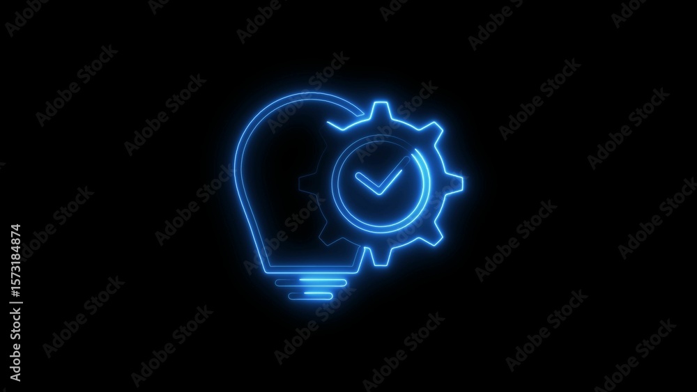 Poster illuminated neon blue lightbulb with gear and checkmark symbolizing idea implementation