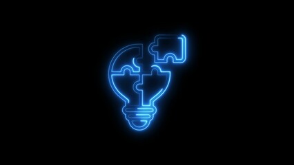 Neon blue lightbulb with puzzle pieces illustrating idea generation and innovation