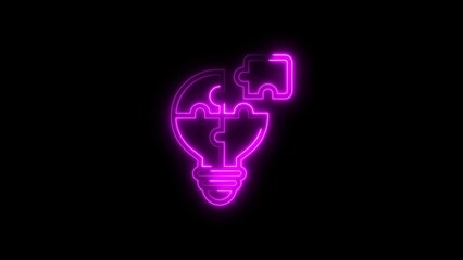 Glowing neon lightbulb with puzzle pieces representing innovative ideas and solutions