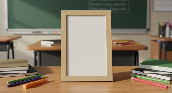 Wooden photo frame standing on classroom desk, surrounded by books, pens, and markers, in sunny educational environment creating a studious and organized atmosphere