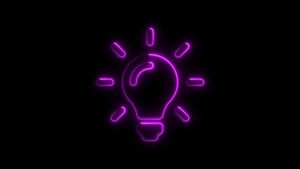 Glowing purple neon light bulb symbolizing creativity and innovation on black