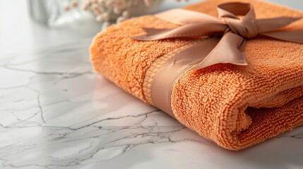 A Beautiful Beige Towel Bundle Elegantly Wrapped with a Ribbon on a Stylish Marble Background for Your Home Decor