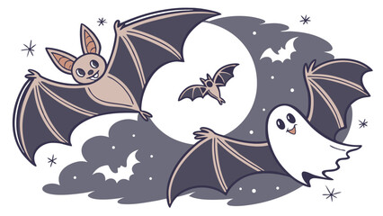 Cartoon style halloween scene featuring bats, a ghost, moon, and stars on a cloudy night sky background