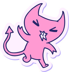 sticker cartoon illustration of a kawaii cute demon in bright neon color