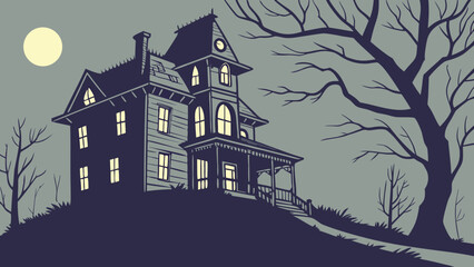 Illustration of a spooky haunted house on a hill with a full moon and bare trees in a dark eerie setting