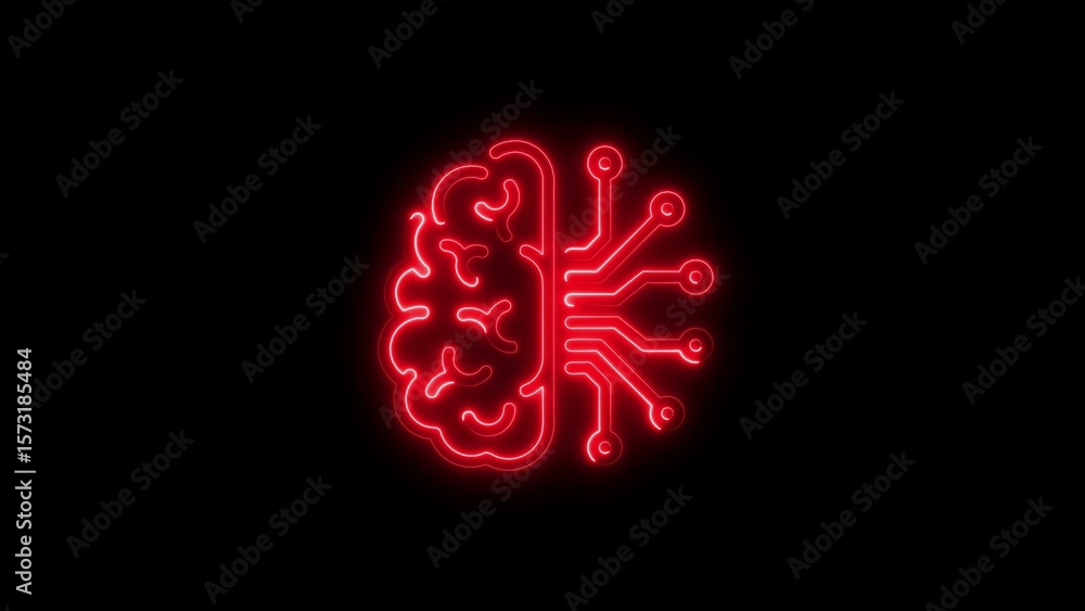 Poster red neon brain icon representing artificial intelligence and technology on black background