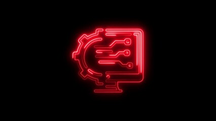 Neon illuminated computer with integrated circuit symbol and cogwheel against a black backdrop
