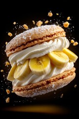 Tokyo banana topped with banana cream sponge cake, sliced bananas, powdered sugar, orange peels. Concept of Tokyo banana showcases decadent dessert details, vibrant presentation.
