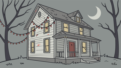 Cartoon style house with christmas lights and a crescent moon in the night sky illustration scene