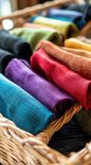 Colorful Linen Tea Towels Rolled Up in a Stylish Wicker Basket Perfect for Your Kitchen Decor and Everyday Use