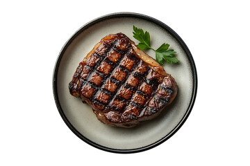 Top View of Grilled Beef Steak on Ceramic Plate Isolated on Transparent Background.