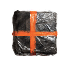 Suspicious package sealed with orange tape plastic on transparent background
