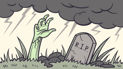 Illustration of a zombie hand rising from the grave with a tombstone under a stormy sky showing lightning