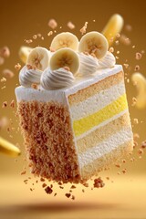 Slice of tokyo banana, banana cream sponge cake topped with white cream, sliced bananas. Concept of cozy, warm atmosphere highlighting tokyo banana indulgence.