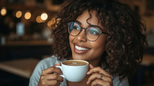 Woman at cafe having coffee, adiant African American woman with stylish curly hair and round glasses is captured in a close-up, smiling warmly and looking off to the side.