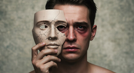 Portrait of man holding broken mask. symbolizing burnout, therapy breakthrough and confronting the self concepts.