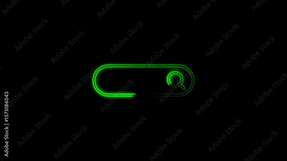 Poster glowing green search bar interface design on a dark background with search icon