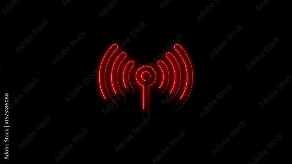 Poster illuminated red neon style wifi signal icon on dark black background for design projects