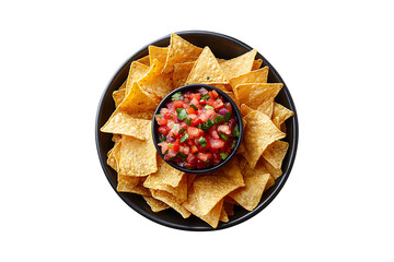 Top View of Nachos Chips with Salsa Dip Isolated on Transparent Background
