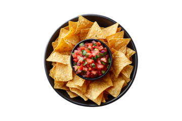 Top View of Nachos Chips with Salsa Dip Isolated on Transparent Background