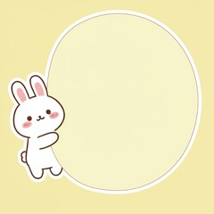 Cute bunny holding round frame or speech bubble for text or image. Decoration or information, directions in toy shops, kindergarten, nursery, primary schools. Mockup for children's goods or kids menu