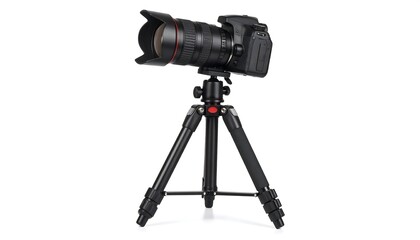 Black camera on tripod, isolated white background