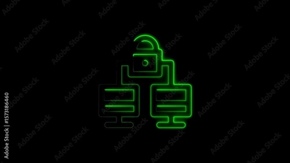Aufkleber neon green cybersecurity illustration featuring networked computers and an open lock
