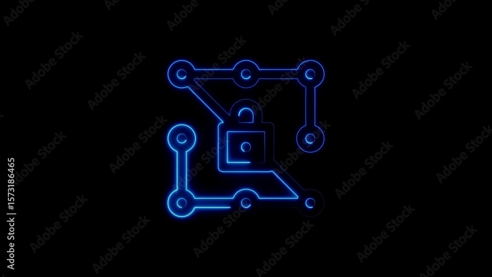 Poster glowing neon circuit board with lock symbolizing data security and protection concept